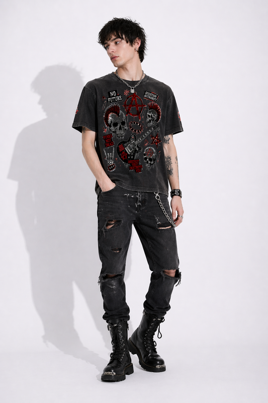 Boxy Punk Rebel Anarchy T-Shirt | Textured Waffle Knit | Cotton Mix 250gsm