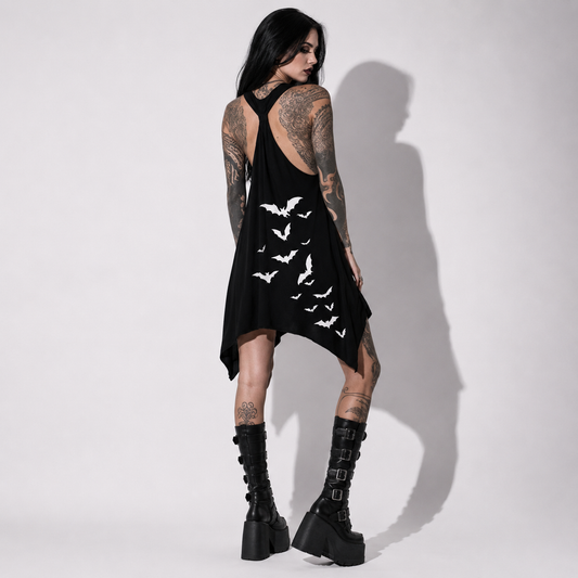 Night Flight Gothic Bat Dress – Dark Summer Asymmetrical Mini Dress