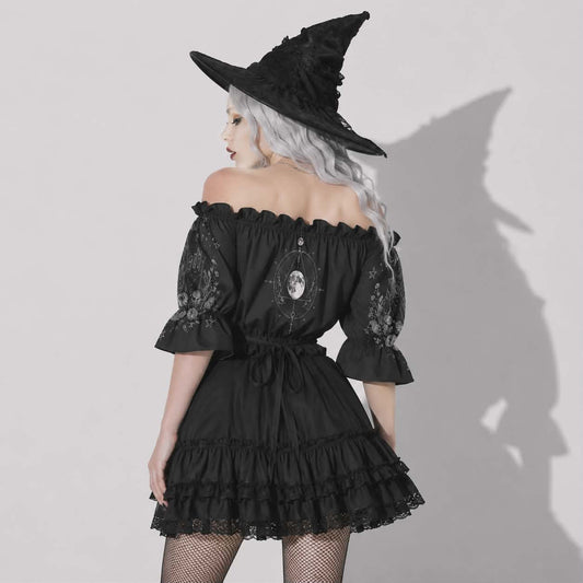 Witch Moon Gothic Crop Top | Dark Witchcore Off Shoulder Puff Sleeve Top