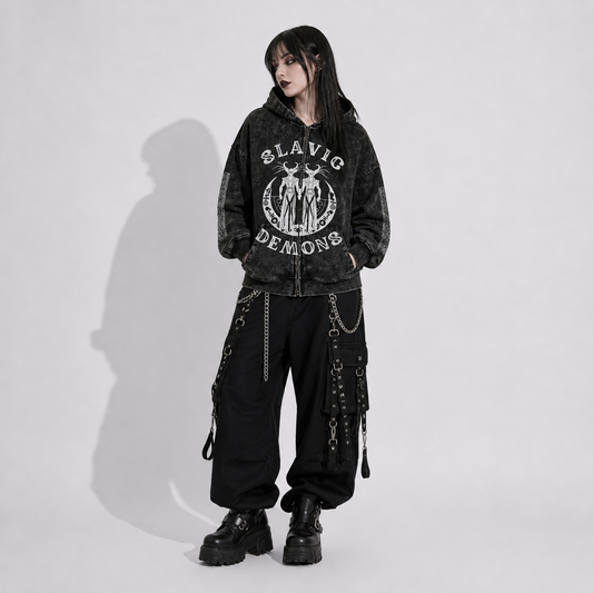 Gothic Zip Hoodie Slavic Demons – Dark Folk Aesthetic Oversize Hoodie