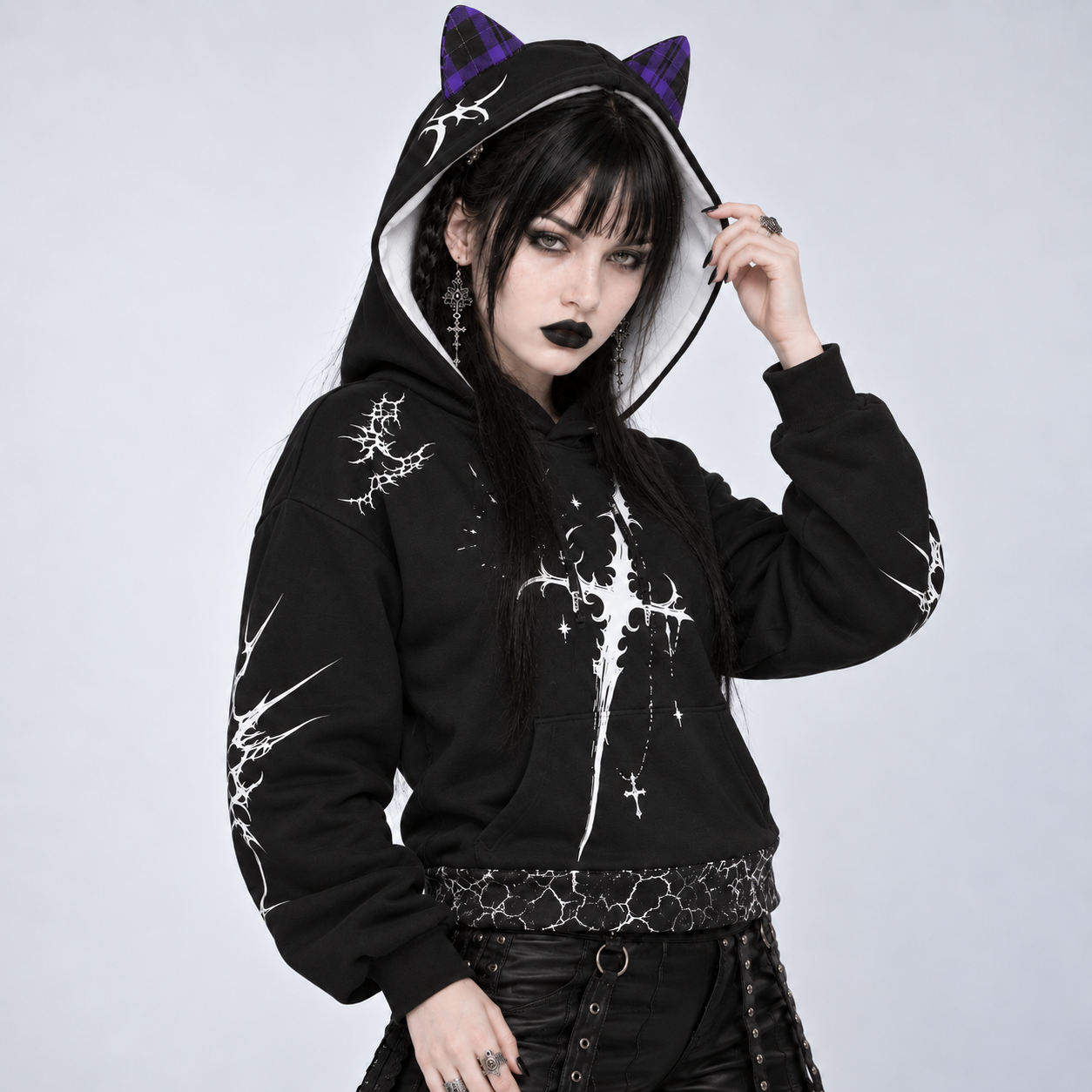 ♩2000s darkcore ドクロ×リボン 猫耳ジップパーカー Gothic Harajuku Gothic Cat Ear Hoodie | Skeleton Spine – 230 GSM – AlterOut