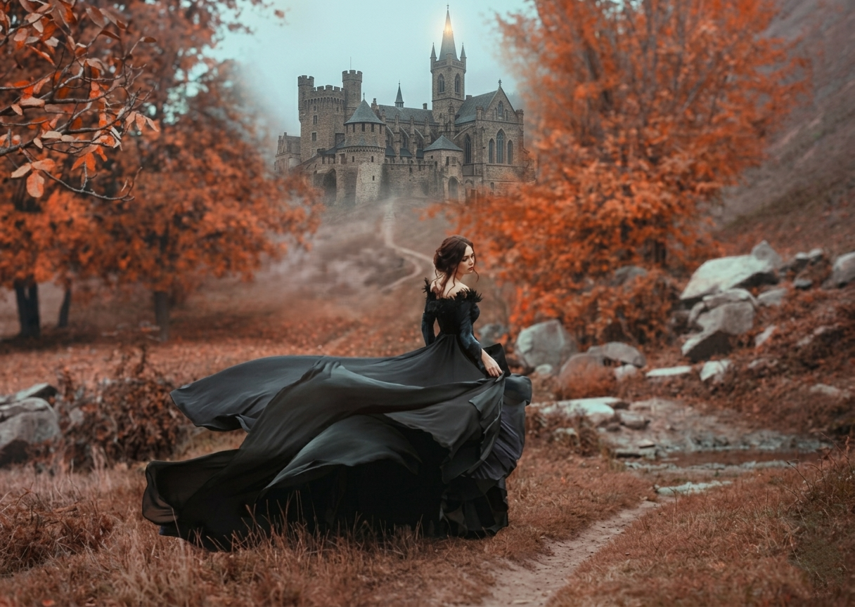 Gothic girl in a black gothic dress against the background of an autumn landscape and a medieval gothic castle.