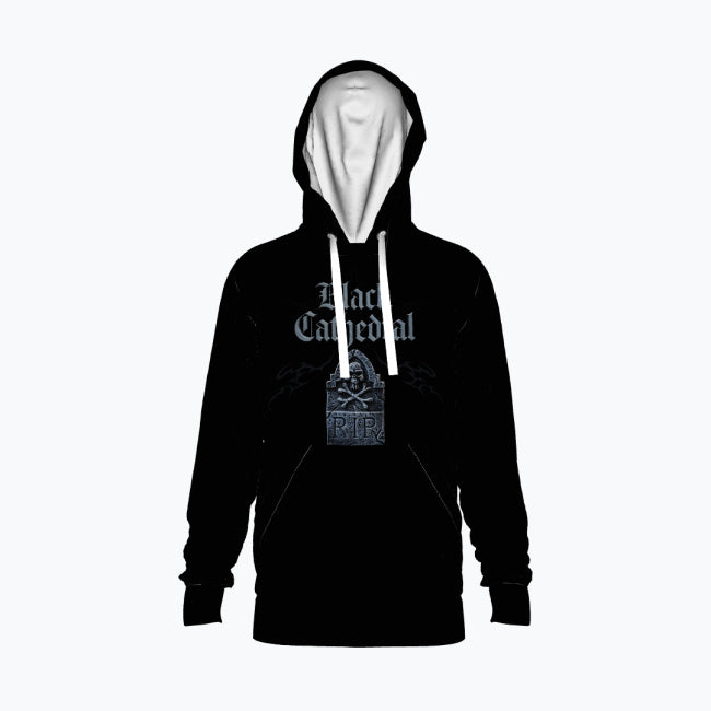Gothic Premium Full Print Hoodie | Black Cathedral – Gray Silence Tombstone Hoodie 280 GSM