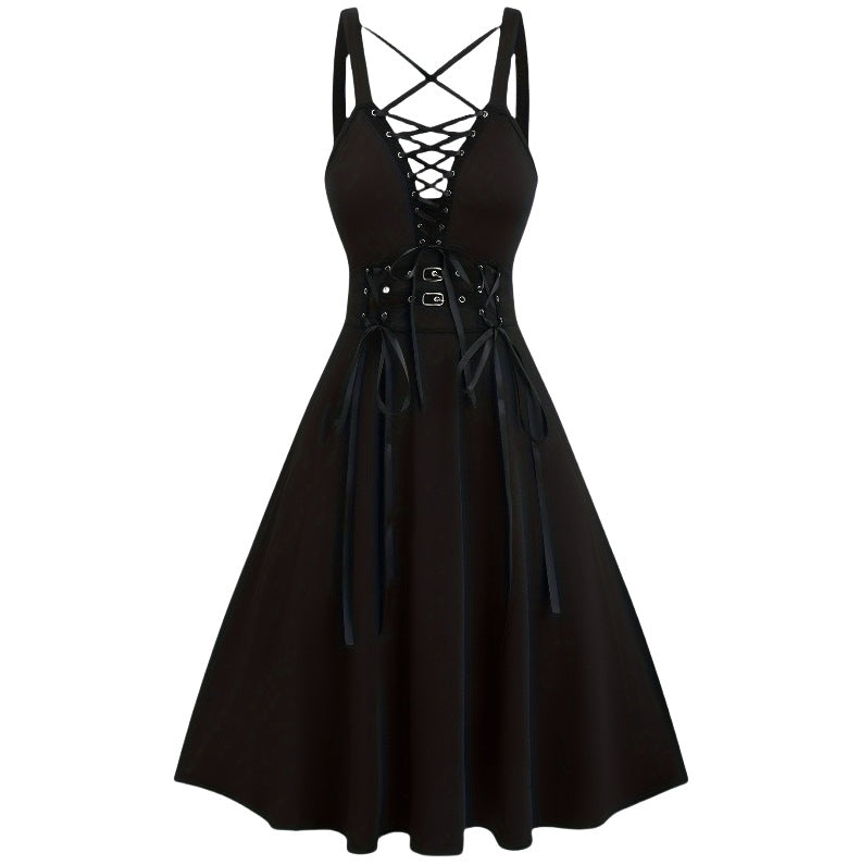 Gothic Ribbon Dress – Black A-Line High Waist Gothic Dress | Dark Aesthetic Midi Dress