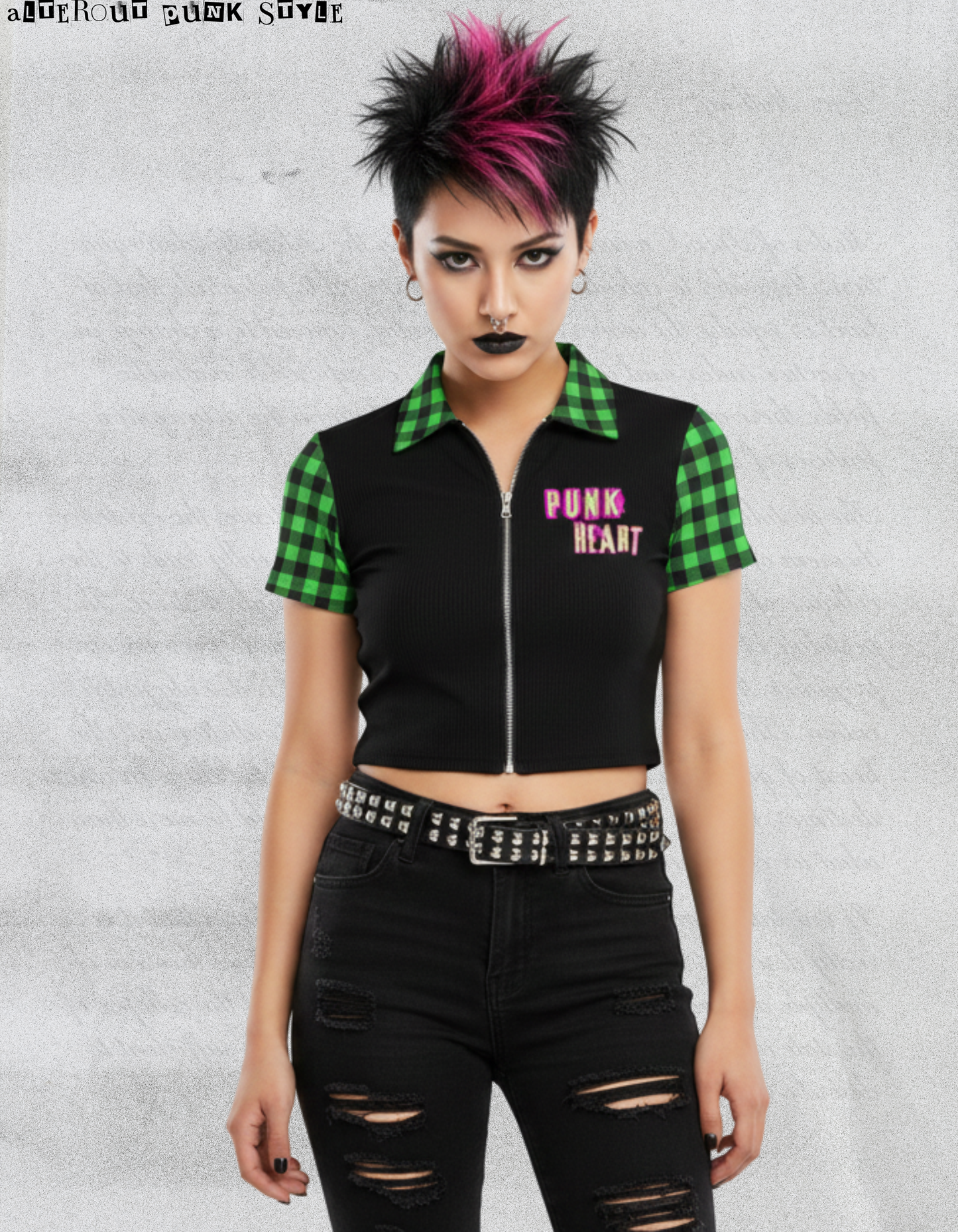 Women's Punk Zip Crop Top "Abstract Chaotic Manifesto" – Toxic Green