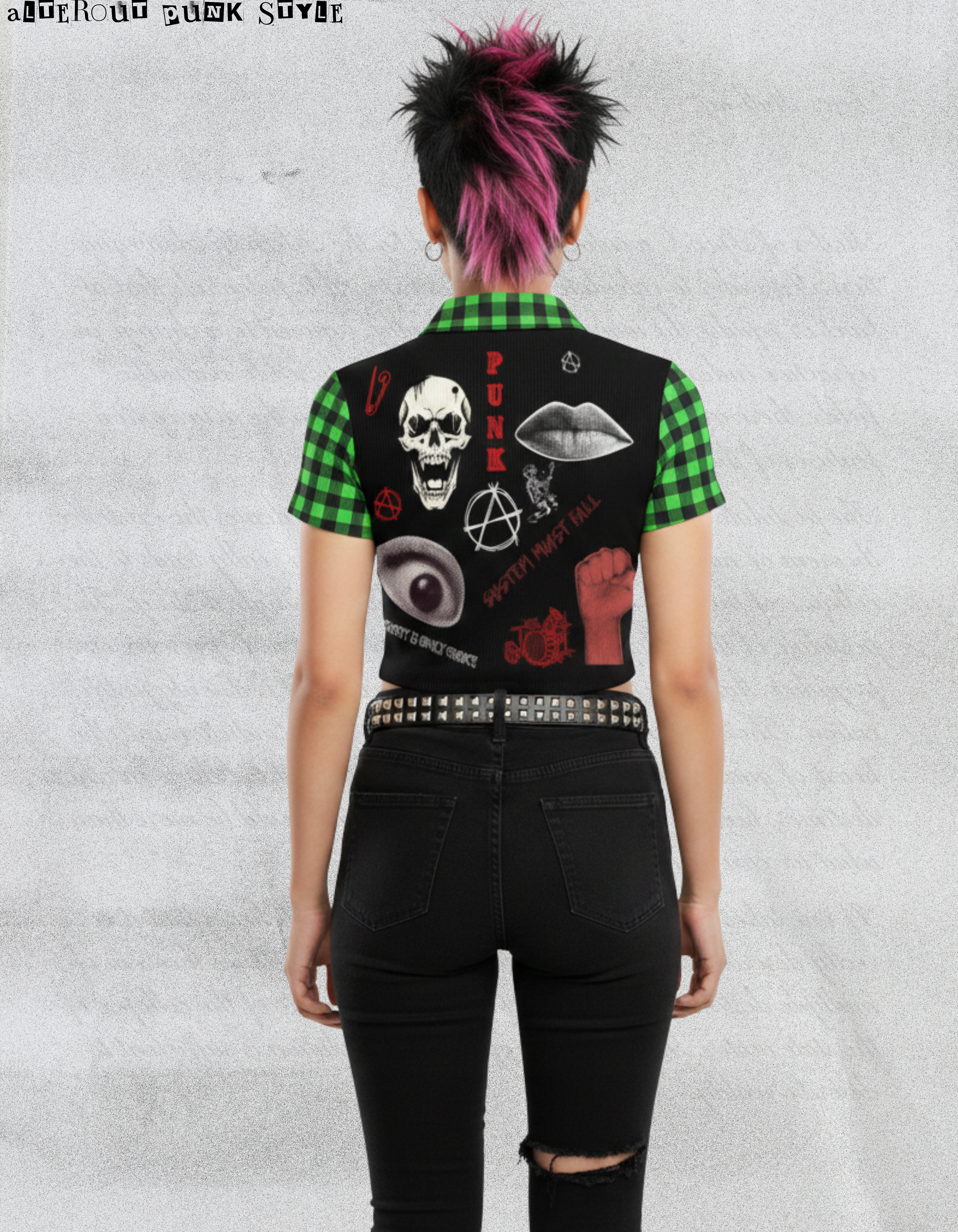 Women's Punk Zip Crop Top "Abstract Chaotic Manifesto" – Toxic Green