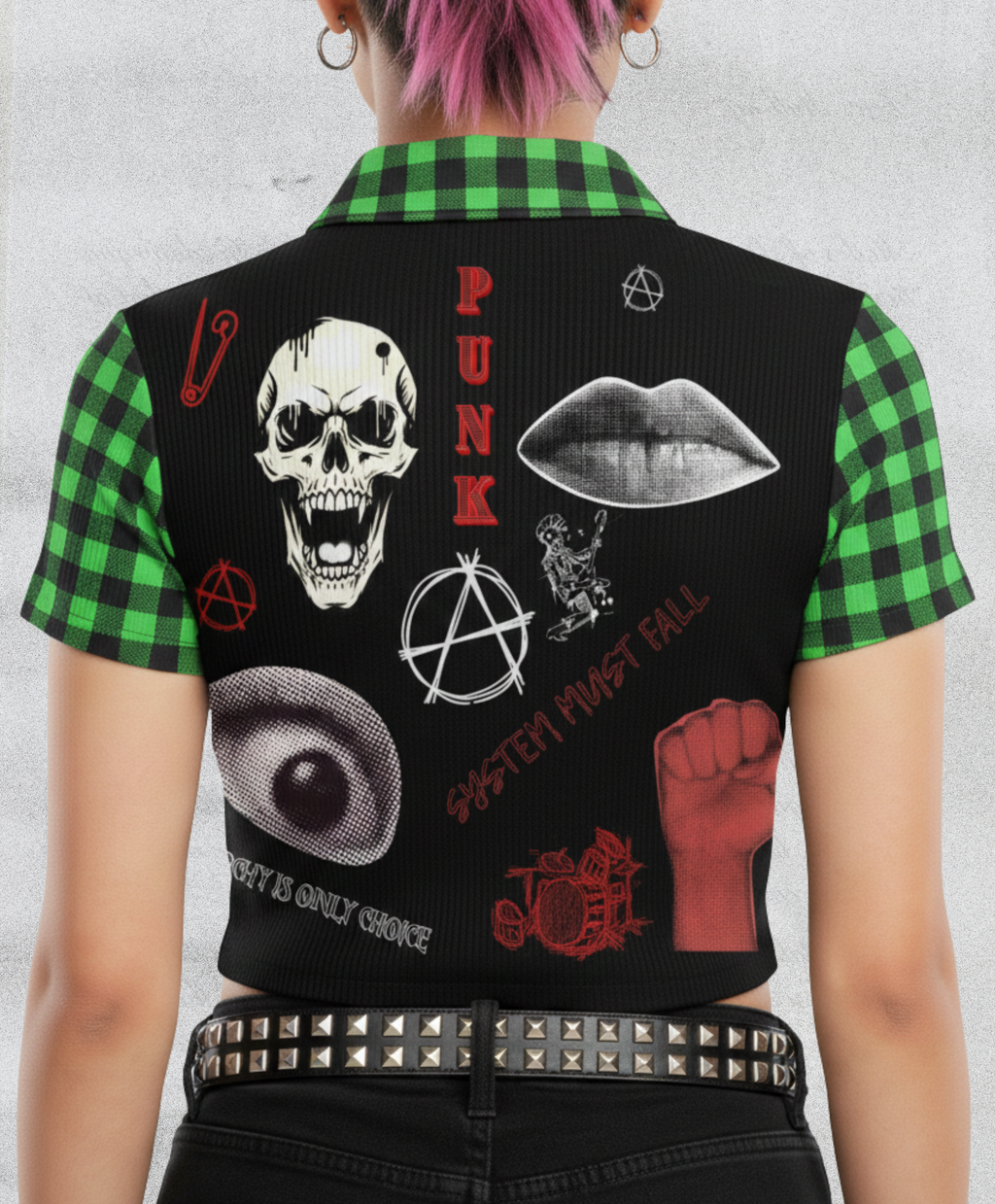 Women's Punk Zip Crop Top "Abstract Chaotic Manifesto" – Toxic Green