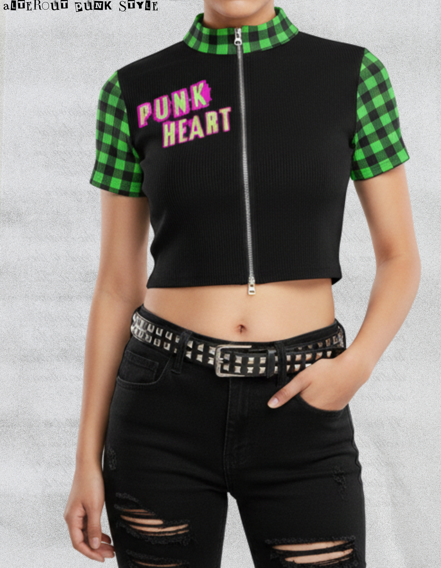 Women's Punk Zip Crop Top "Abstract Chaotic Manifesto" – Toxic Green