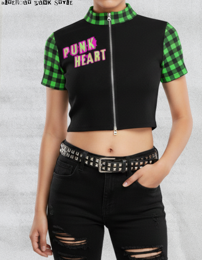 Women's Punk Zip Crop Top "Abstract Chaotic Manifesto" – Toxic Green