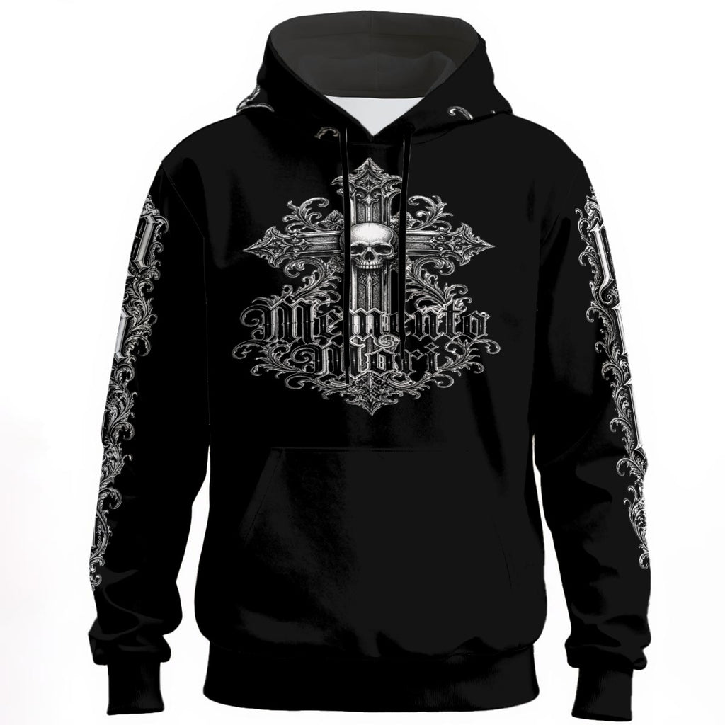 gothic hoodie black with detailed ornament print front product flat lay