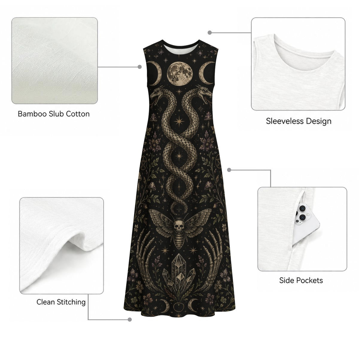 Witchcore Cotton Maxi Dress with Pockets – Wicca Summer Dress | Whimsigoth | Boho