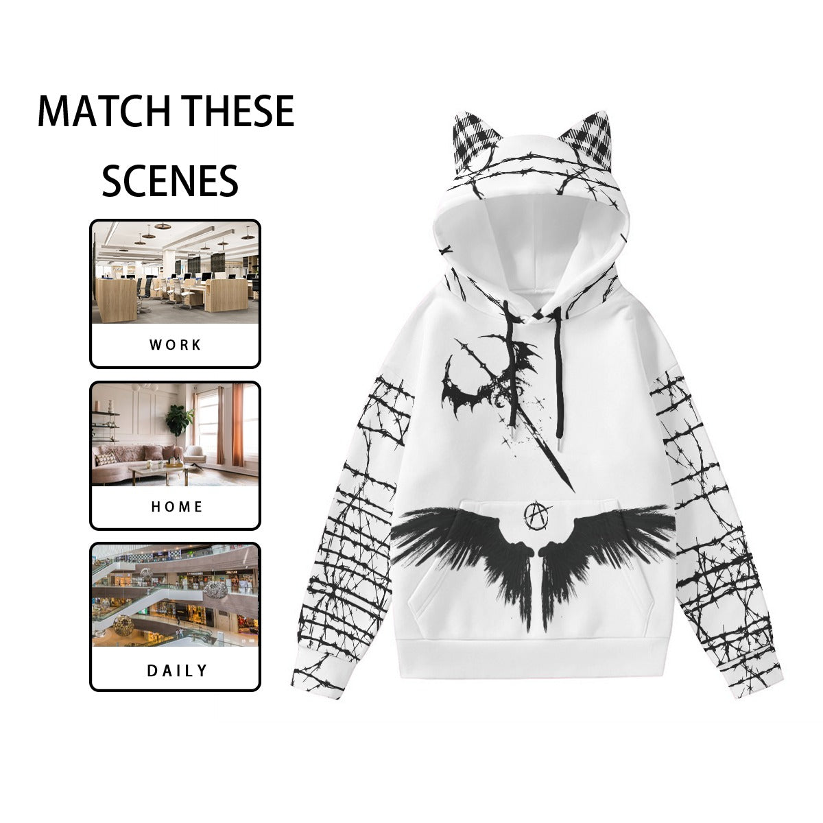 Women's Grunge Goth Cat Ear Hoodie | Anarchy Cat Escape | 230 GSM