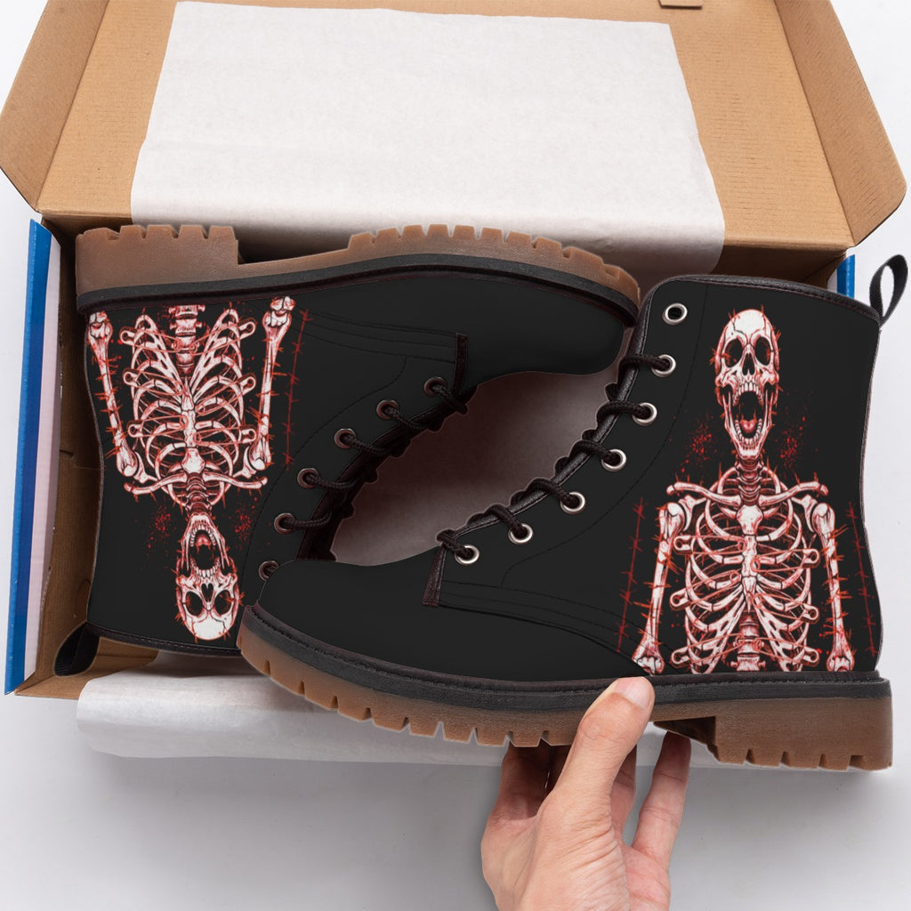 Punk Womens Screaming Skeleton Combat Boots | Horror Punk Aesthetic | Vegan Leather