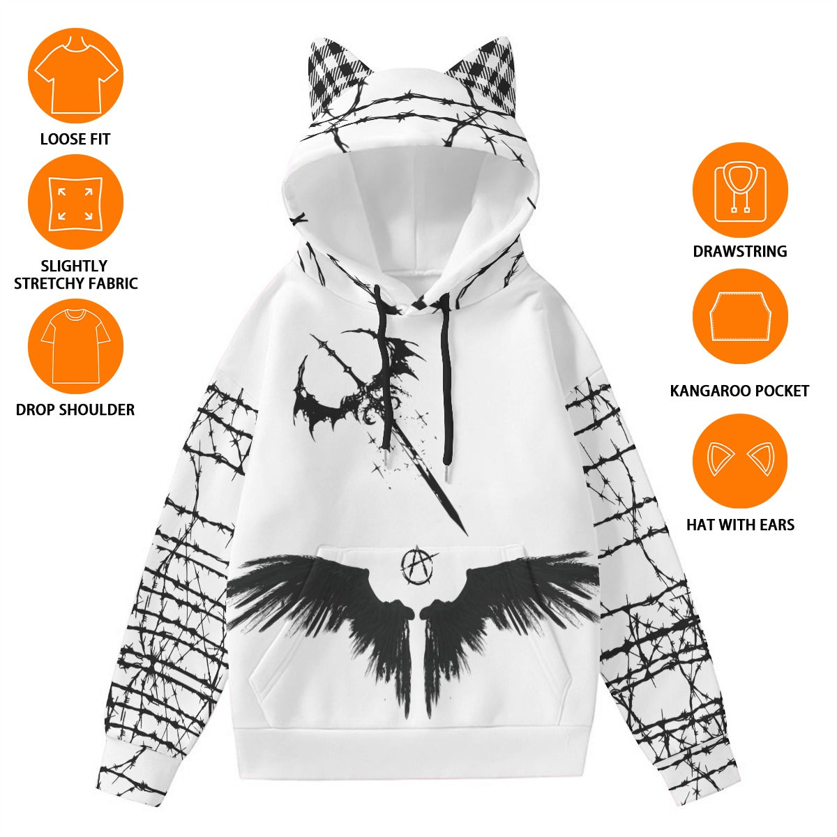 Women's Grunge Goth Cat Ear Hoodie | Anarchy Cat Escape | 230 GSM