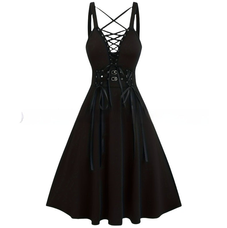 Gothic Ribbon Dress – Black A-Line High Waist Gothic Dress | Dark Aesthetic Midi Dress