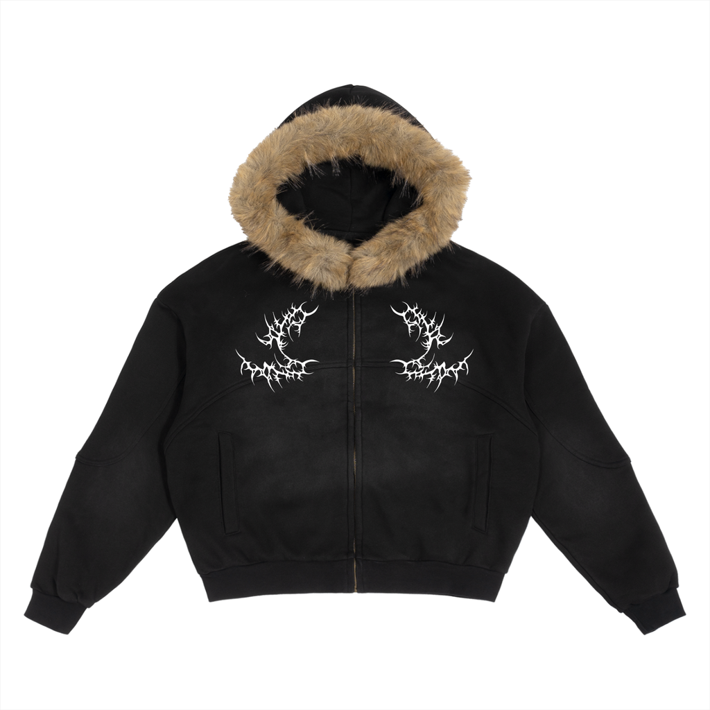 Y2K Gothic Fur Trim Zip Hoodie – Cyber Sigilism | Heavyweight 360 GSM