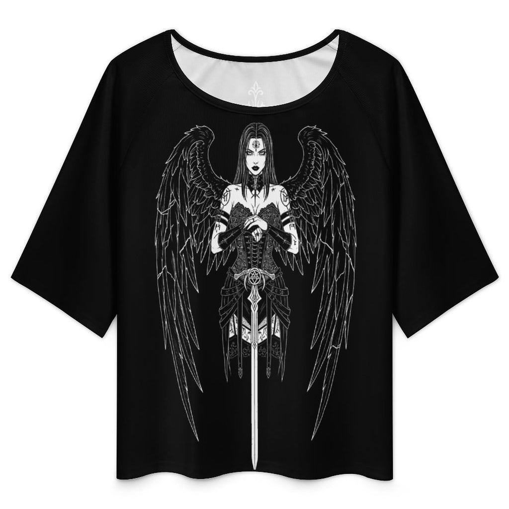 Gothic Women's T-Shirt Dark Angel | Occult Fallen Angel Loose Fit | Gothic Boat Neck Top 3/4 Sleeve