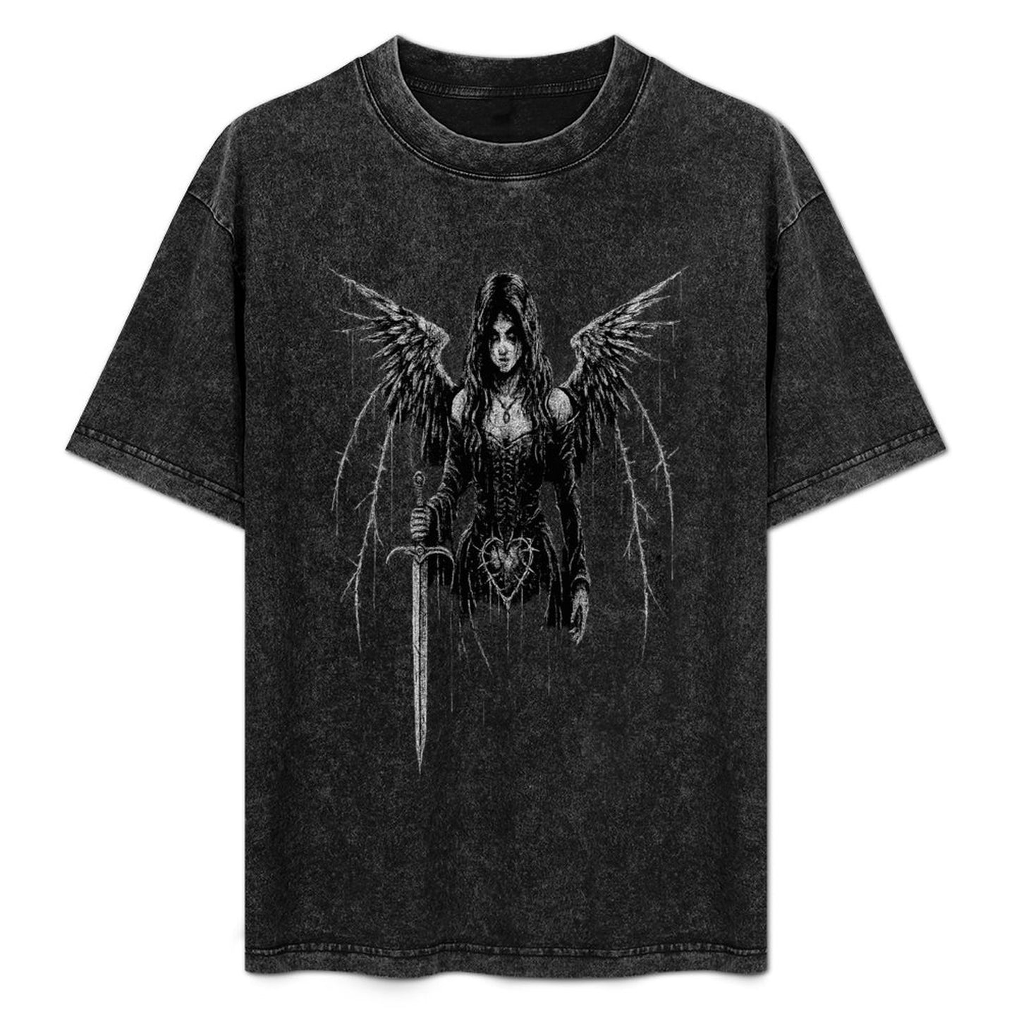 Gothic Oversize Vintage Washed T-Shirt | Dark Fallen Angel | Y2K Goth Washed Tee 190 GSM