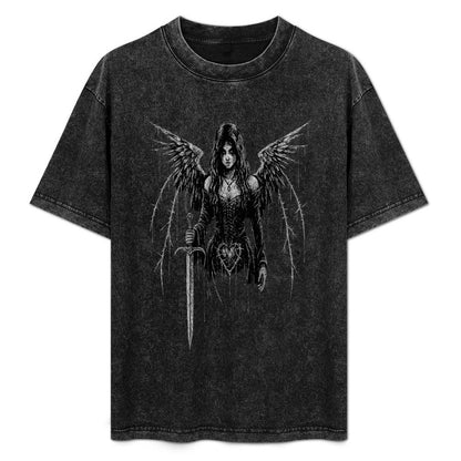 Gothic Oversize Vintage Washed T-Shirt | Dark Fallen Angel | Y2K Goth Washed Tee 190 GSM