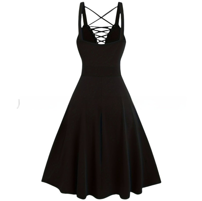 Gothic Ribbon Dress – Black A-Line High Waist Gothic Dress | Dark Aesthetic Midi Dress