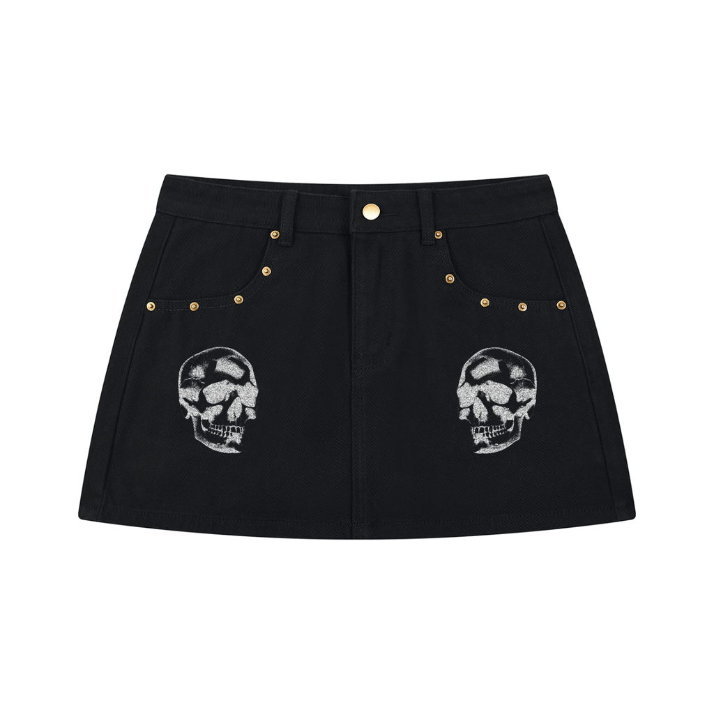Black Gothic Punk Denim Mini Skirt with Skull Prints | Skull Rebellion – 390 GSM