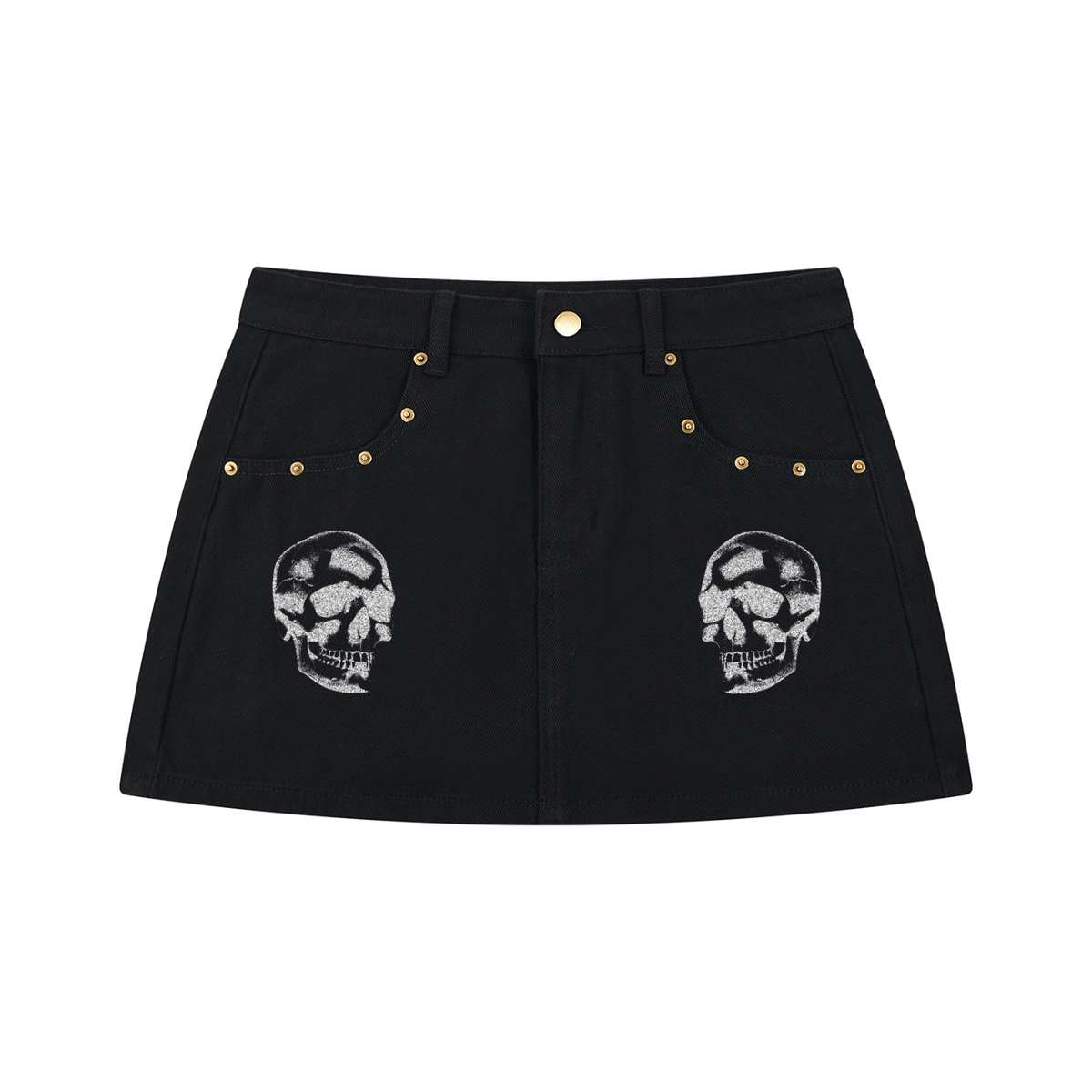Black Gothic Punk Denim Mini Skirt with Skull Prints | Skull Rebellion – 390 GSM