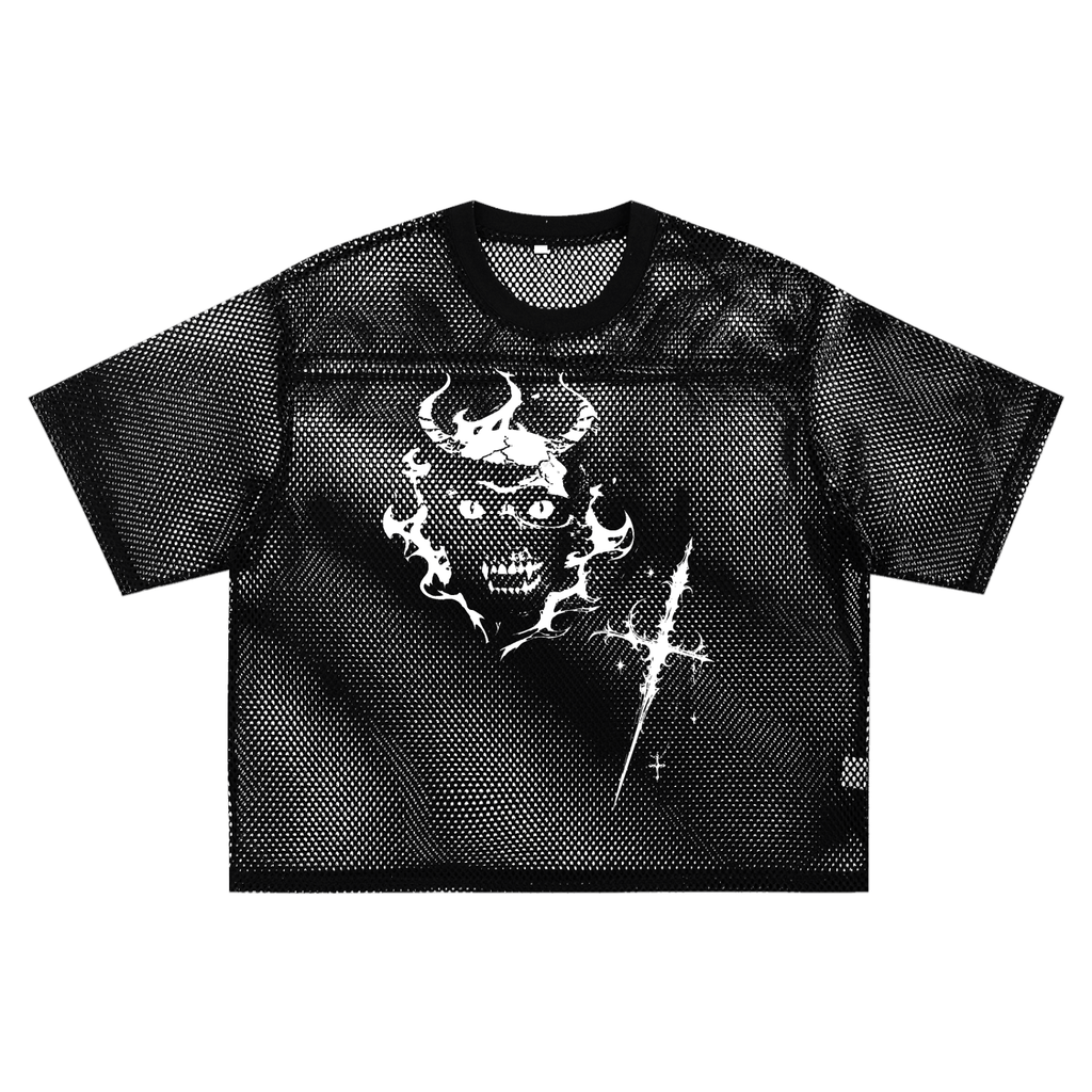 Oversized Gothic Mesh T-Shirt | Demoncore Black – 260 GSM