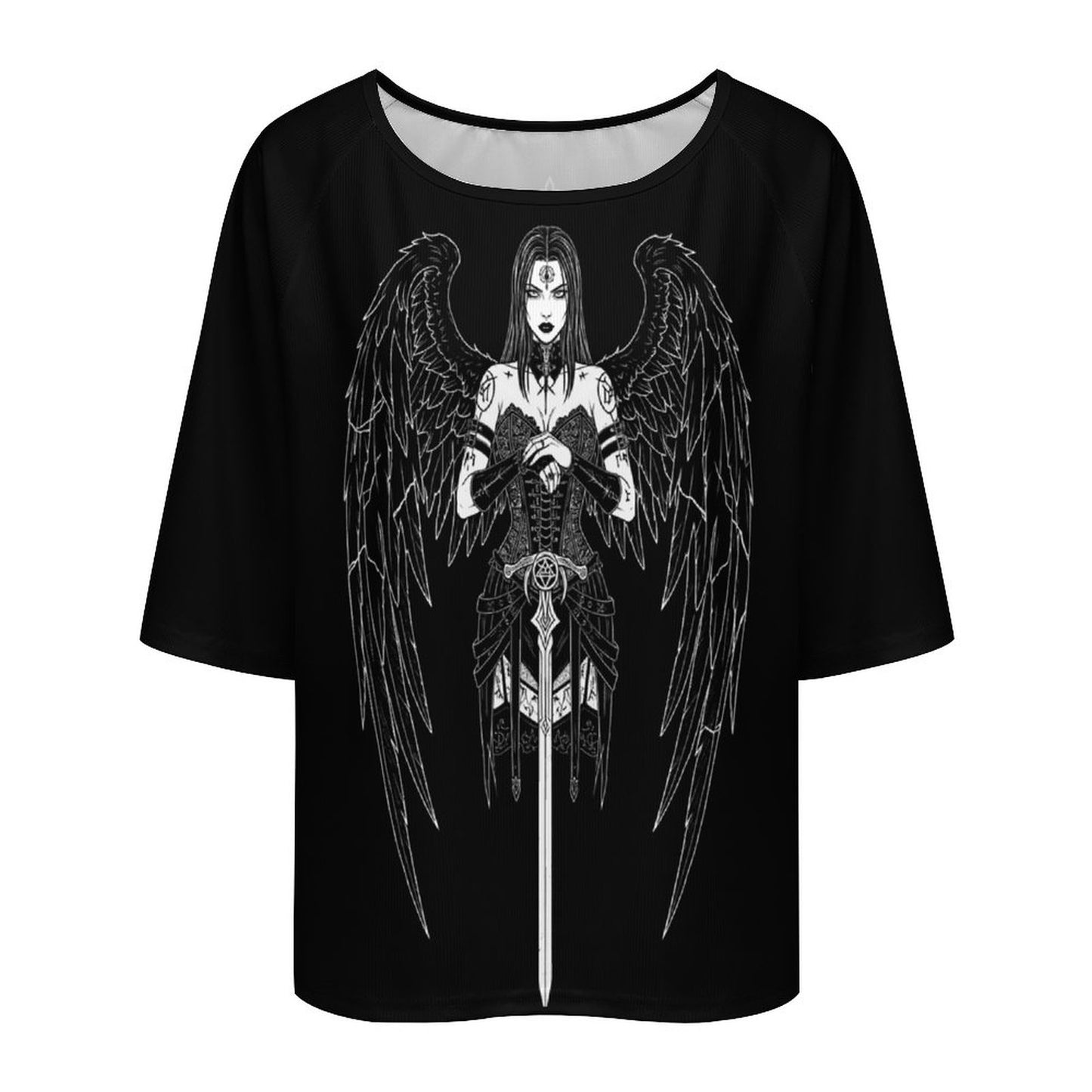 Gothic Women's T-Shirt Dark Angel | Occult Fallen Angel Loose Fit | Gothic Boat Neck Top 3/4 Sleeve