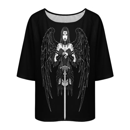 Gothic Women's T-Shirt Dark Angel | Occult Fallen Angel Loose Fit | Gothic Boat Neck Top 3/4 Sleeve