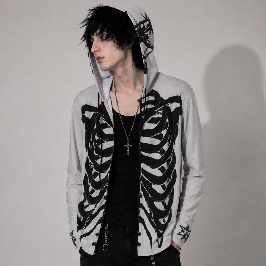 Gothic UV50+ Skeleton Wings Hoodie – Lightweight Unisex Gothic Grunge Y2K Zip Hoodie with Sun Protection