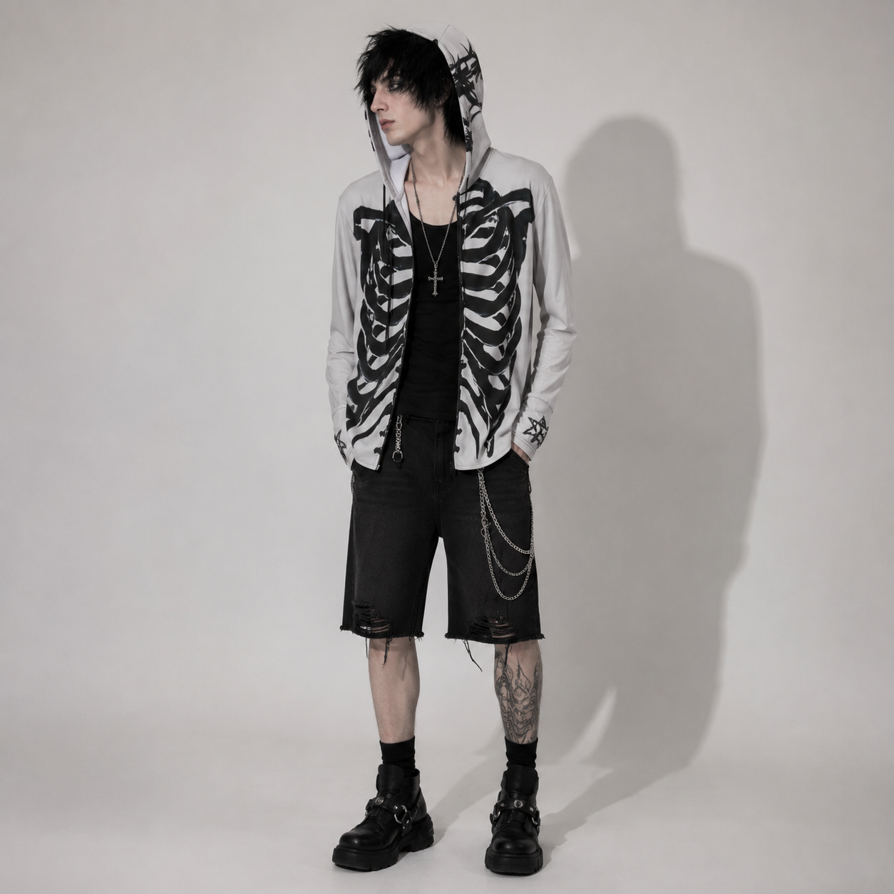 Gothic UV50+ Skeleton Wings Hoodie – Lightweight Unisex Gothic Grunge Y2K Zip Hoodie with Sun Protection