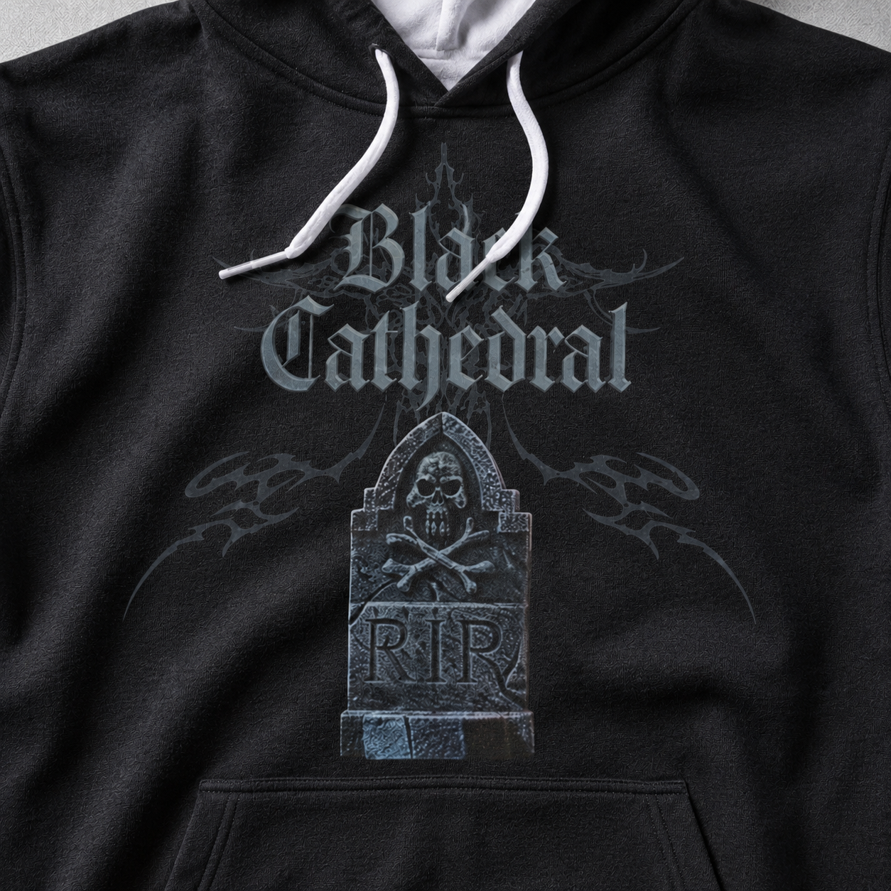 Gothic Premium Full Print Hoodie | Black Cathedral – Gray Silence Tombstone Hoodie 280 GSM