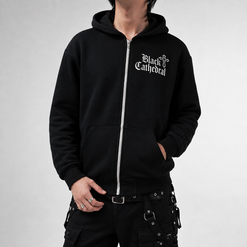 Gothic Zip Hoodie | Black Cathedral Death's Moth | Premium Full Print 280 GSM