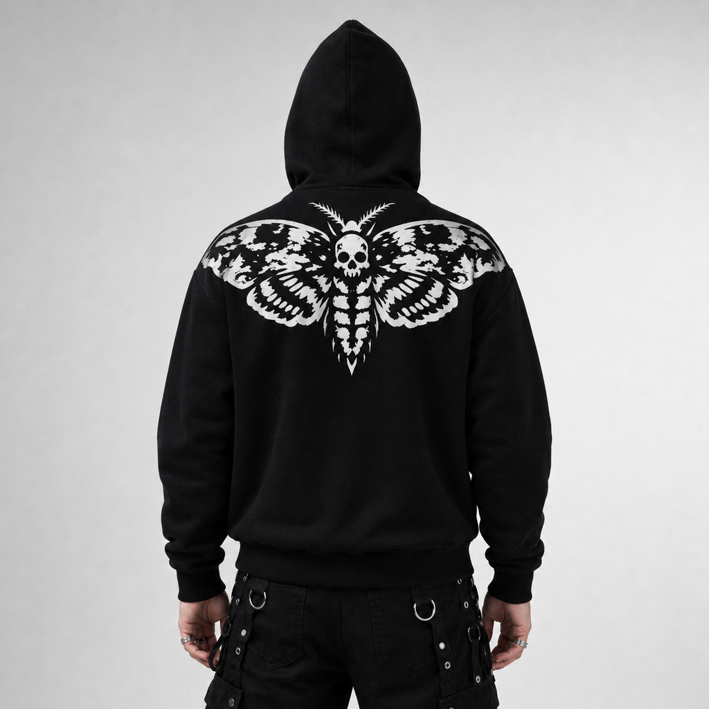 Gothic Zip Hoodie | Black Cathedral Death's Moth | Premium Full Print 280 GSM