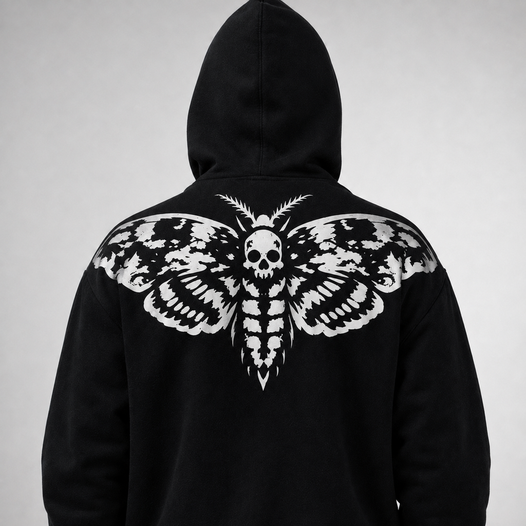 Gothic Zip Hoodie | Black Cathedral Death's Moth | Premium Full Print 280 GSM