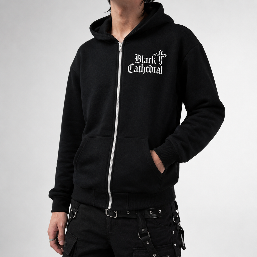 Gothic Zip Hoodie | Black Cathedral Death's Moth | Premium Full Print 280 GSM
