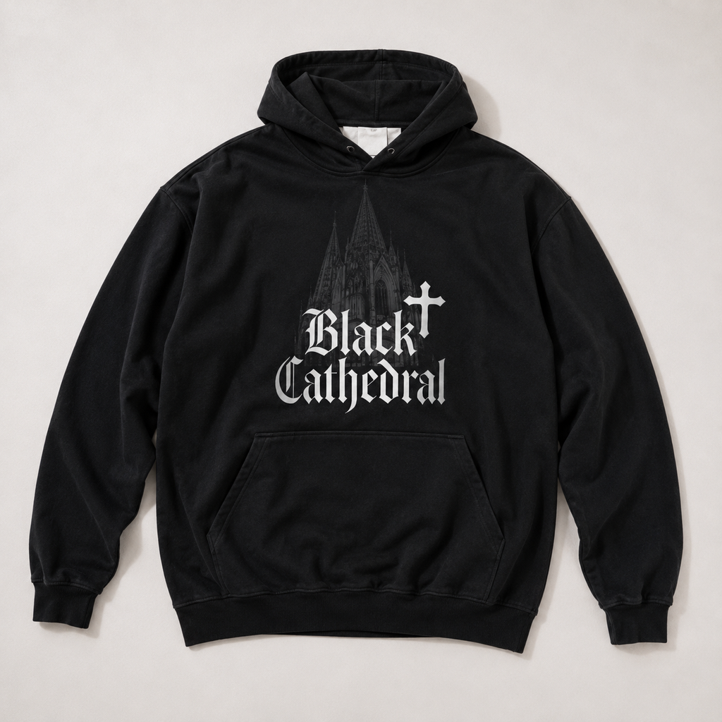 Gothic Oversized French Terry Hoodie | Black Cathedral Shadow Hoodie | Made in Poland