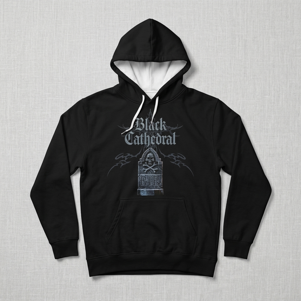 Gothic Premium Full Print Hoodie | Black Cathedral – Gray Silence Tombstone Hoodie 280 GSM
