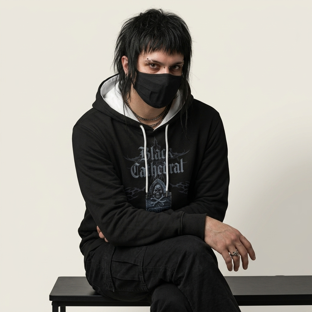 Gothic Premium Full Print Hoodie | Black Cathedral – Gray Silence Tombstone Hoodie 280 GSM