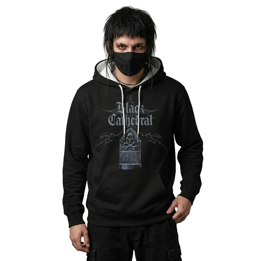 Gothic Premium Full Print Hoodie | Black Cathedral – Gray Silence Tombstone Hoodie 280 GSM