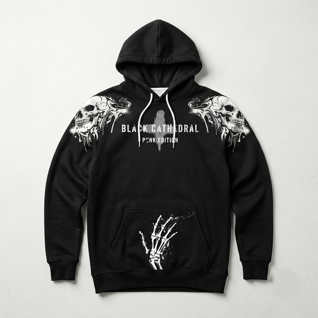 Punk Goth Oversize Unisex Hoodie| Black Cathedral Chaos Bones Hoodie | French Terry Premium