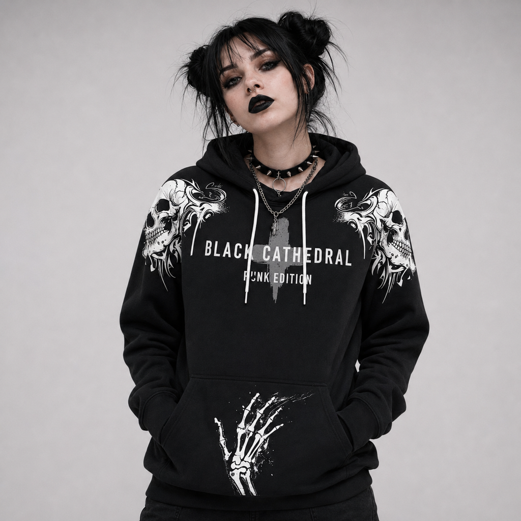 Punk Goth Oversize Unisex Hoodie| Black Cathedral Chaos Bones Hoodie | French Terry Premium