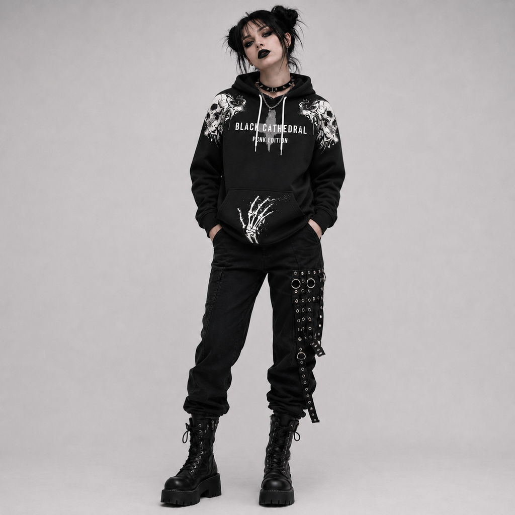 Punk Goth Oversize Unisex Hoodie| Black Cathedral Chaos Bones Hoodie | French Terry Premium