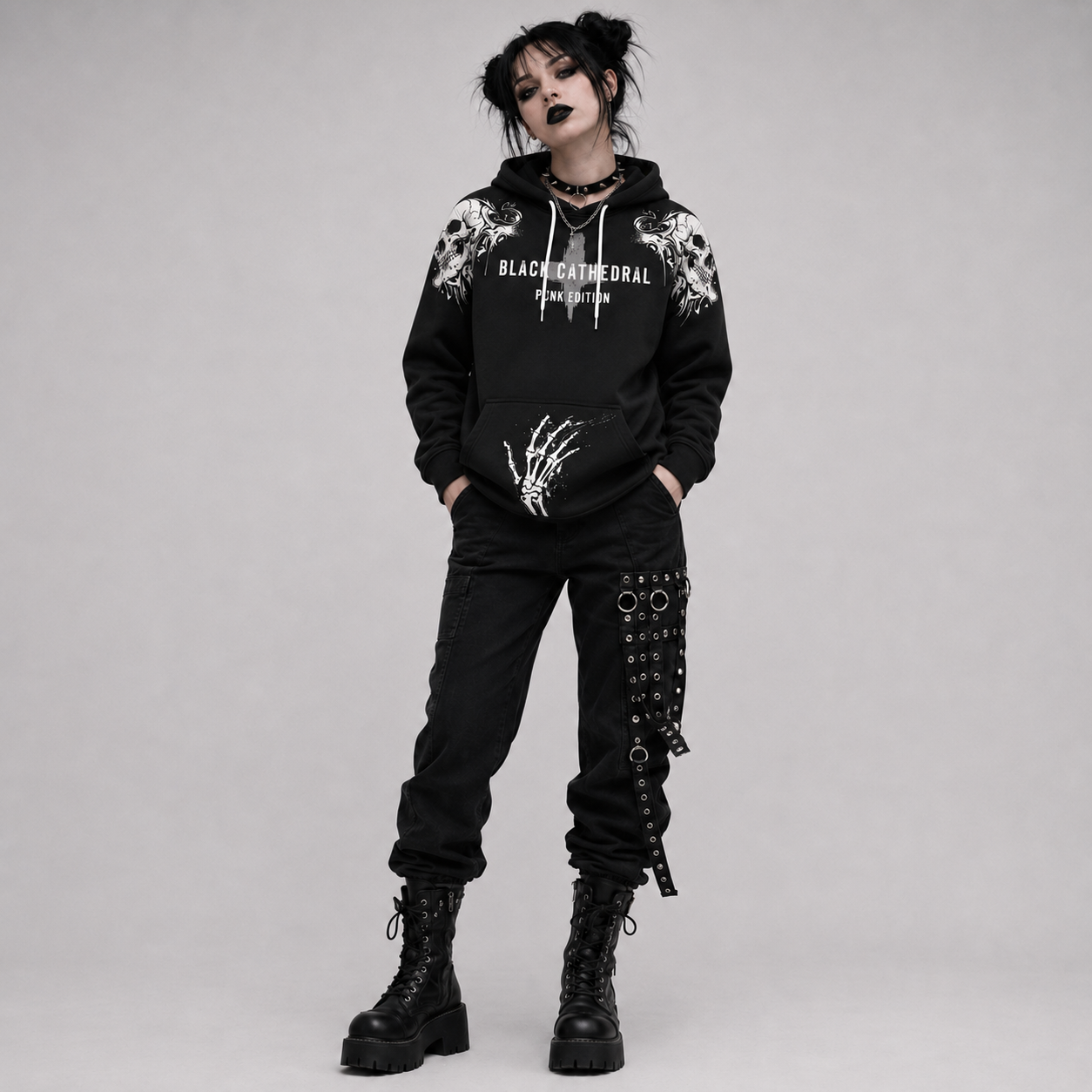 Punk Goth Oversize Unisex Hoodie| Black Cathedral Chaos Bones Hoodie | French Terry Premium