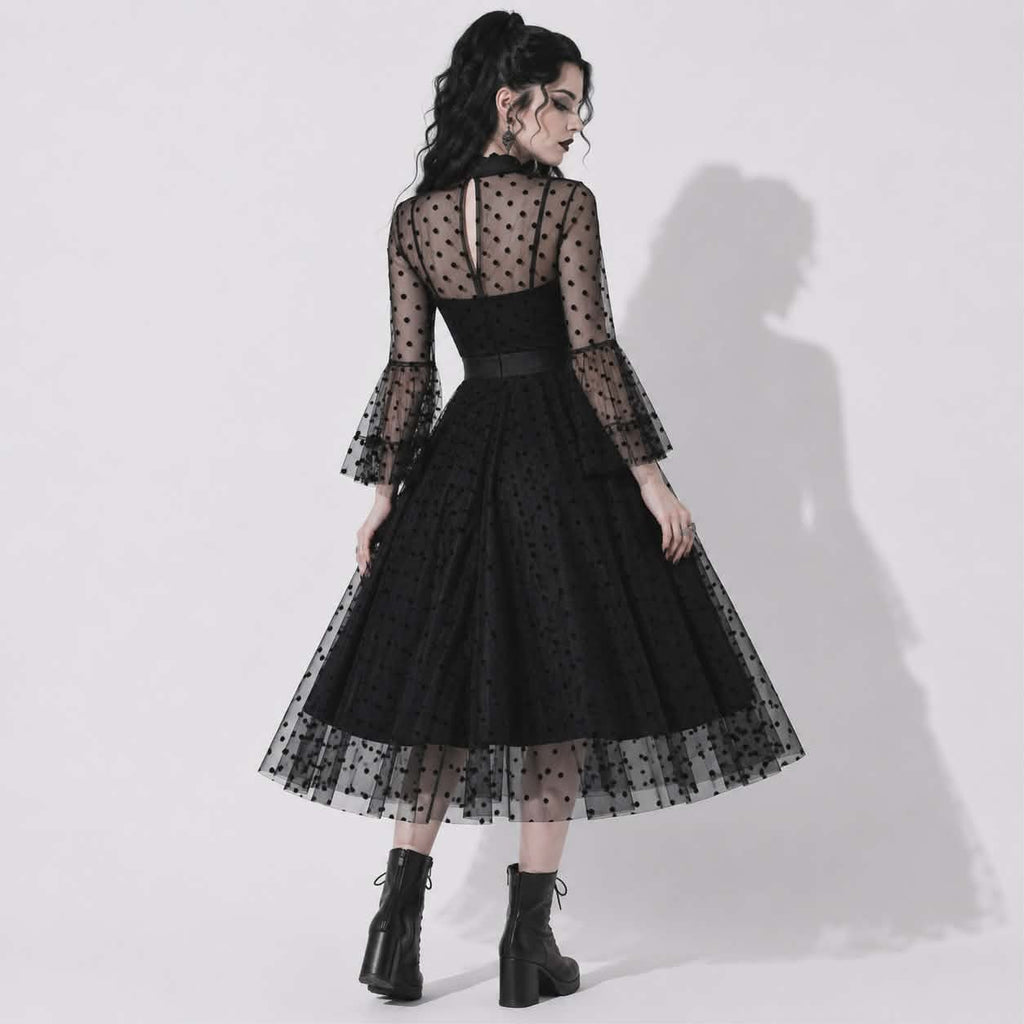 Nocturne Belle™ Gothabilly Dress | Dark Pin-Up Mesh Midi Dress | Romantic Gothic Dress