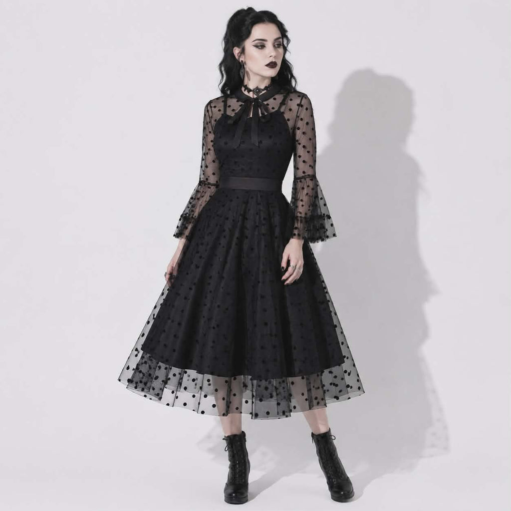 Nocturne Belle™ Gothabilly Dress | Dark Pin-Up Mesh Midi Dress | Romantic Gothic Dress