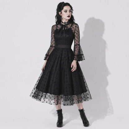 Nocturne Belle™ Gothabilly Dress | Dark Pin-Up Mesh Midi Dress | Romantic Gothic Dress