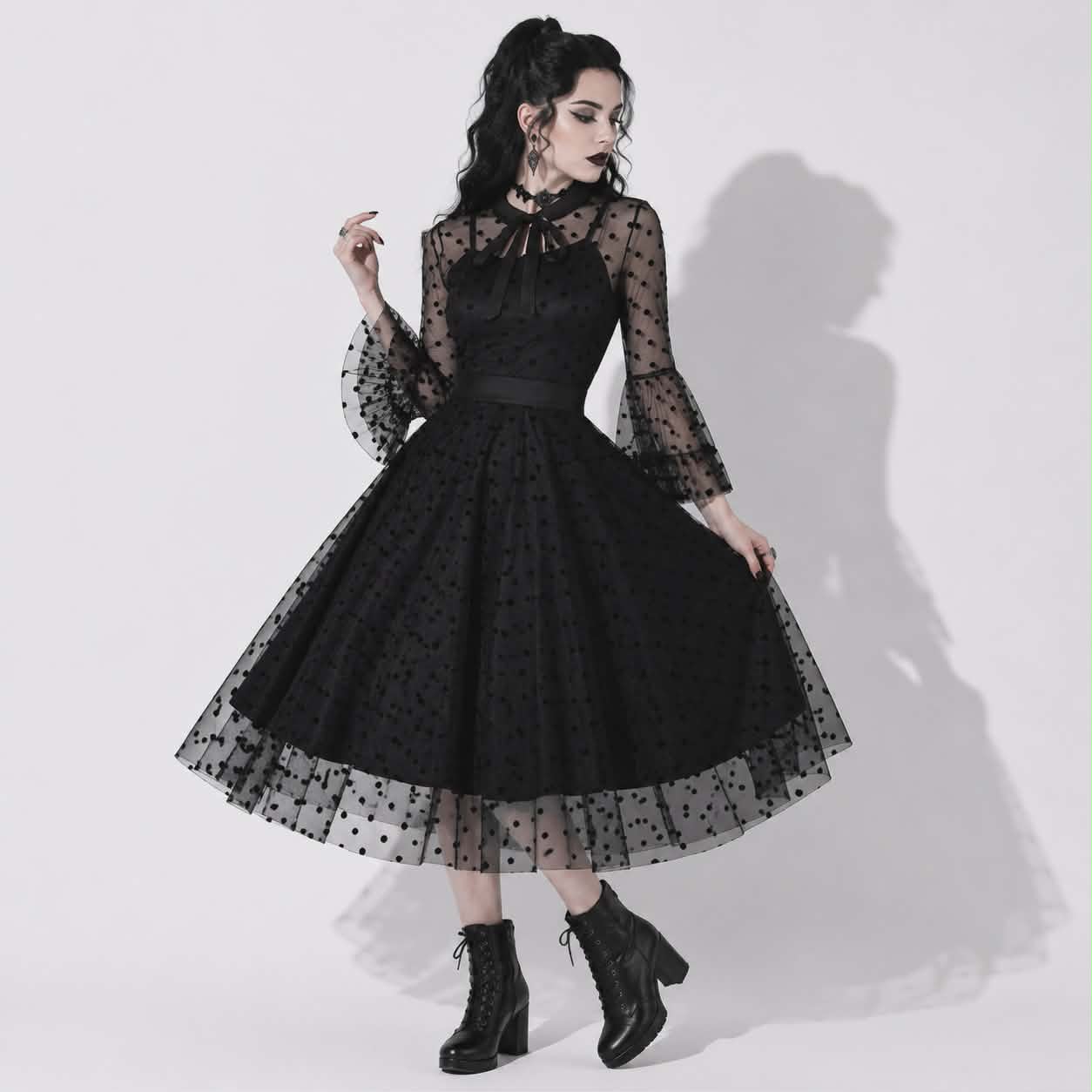 Nocturne Belle™ Gothabilly Dress | Dark Pin-Up Mesh Midi Dress | Romantic Gothic Dress