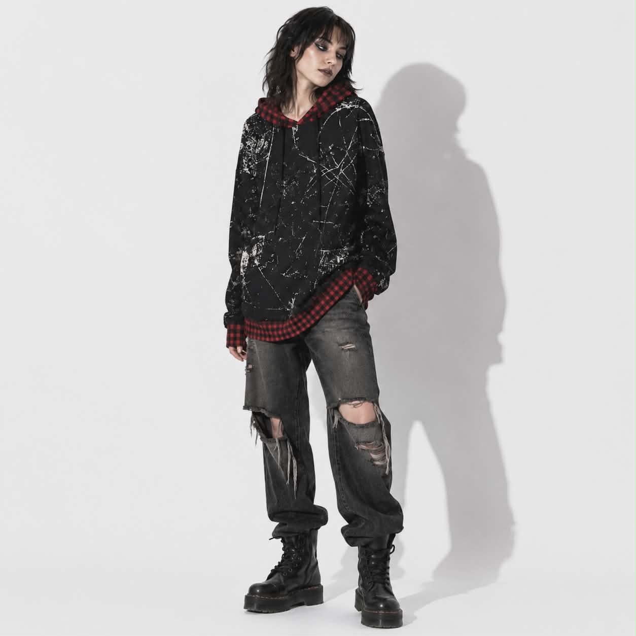 Grunge Chaos Oversized Hoodie | Red Tartan Distressed Streetwear