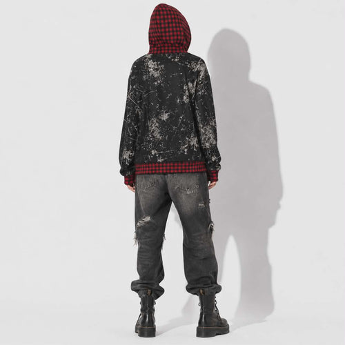 Grunge Chaos Oversized Hoodie | Red Tartan Distressed Streetwear